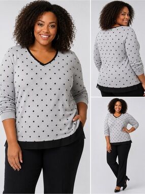 Lane Bryant Gray Black Polka Dot V-Neck Sweater 18/20 Plus Size Chiffon Hem Knit